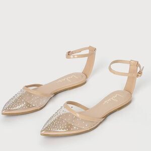 lulus Feiza Light Nude Patent Rhinestone Pointed-Toe Ankle Strap Flats